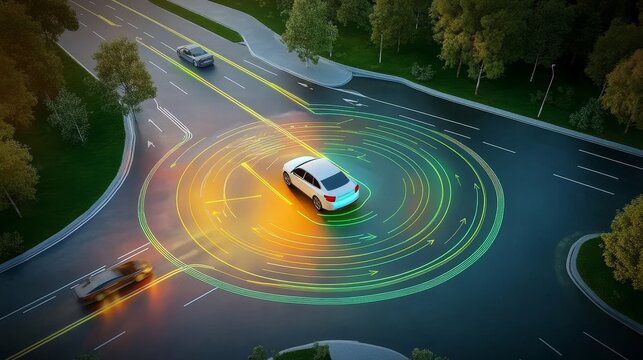 Autonomous car navigating roundabout on a road, surrounded by trees, aerial view