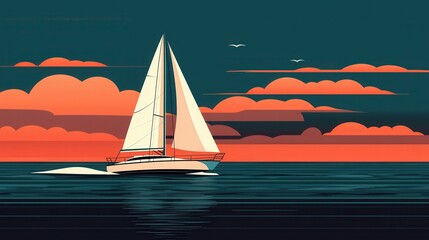 Fototapeta premium Sailing adventure sunset ocean view illustrative artwork tranquil waters aesthetic design