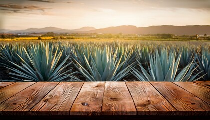 wooden rustic empty table for placing products against the background of a field with agave plants for the production of tequila