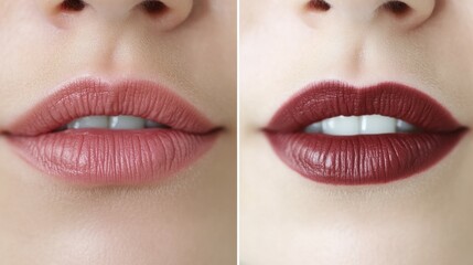 Obraz premium Woman Lips before and after Fillers. Full Lip and Thin Lip Augmentation. Women Mouth Permanent Make up Close up over White Background