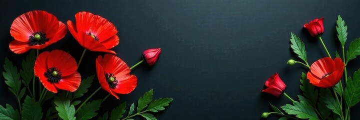 Fototapeta premium Bold crimson poppies & lush green leaves on dark grey, pattern, art, flower