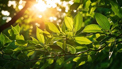 Sunlight filters through the trees and leaves in a vibrant forest scene