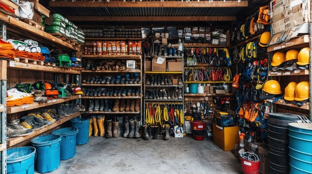 Organized industrial storage room, safety equipment, tools and supplies