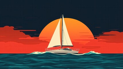 Naklejka premium Sailing adventure sunset ocean digital art serene atmosphere wide view exploration