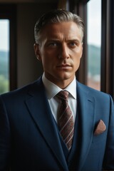 arafed man in a blue suit and tie looking at the camera