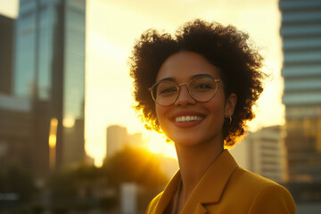 Young smiling business posing confidently, dressed in modern business clothes, against a backdrop of tech city with illuminated office building. Inovation, Startup, Bank, Fintech.
