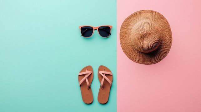 Summer vibes sunglasses hat flip flops colorful background casual lifestyle bright environment flat lay concept