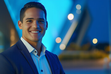 Young smiling business posing confidently, dressed in modern business clothes, against a backdrop of tech city with illuminated office building. Inovation, Startup, Bank, Fintech.
