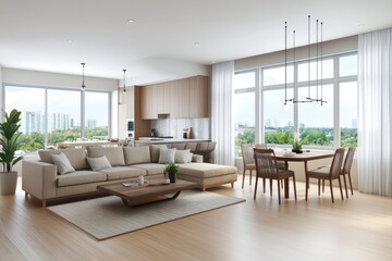 Naklejka premium Modern open-plan living area with city views, featuring a comfortable sectional sofa, dining table, and a fully equipped kitchen.