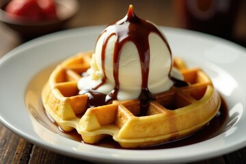 Delicate crispy wafer waffles topped with a scoop of vanilla ice cream and chocolate sauce, desserts,