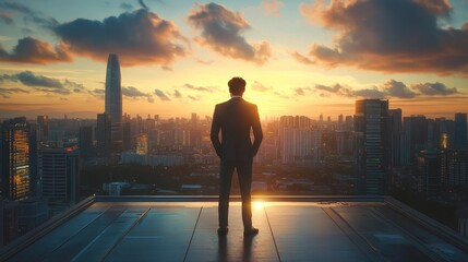 A male top manager views the cityscape from the rooftop.