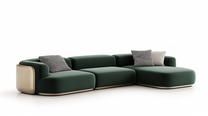 A sleek modular sectional couch in bold emerald green velvet with gold accents, styled with geometric cushions , isolated on a white background