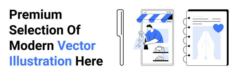 Digital storefront with user selecting items, product pages, and notebook illustration. Ideal for ecommerce, retail, digital marketing, creativity, user engagement, branding flat landing page banner