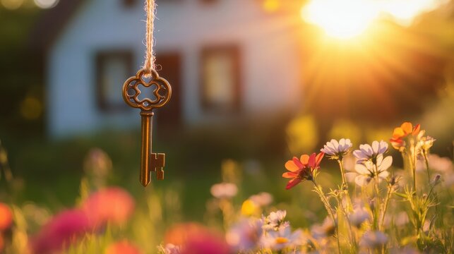vintage brass key suspended by delicate string before a sun-drenched cottage, soft focus wildflowers in foreground, golden hour warmth - Powered by Adobe