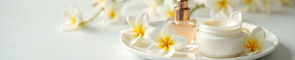 Cream jar, perfume bottles, jasmine flowers on white plate, aerial shot, photography, white