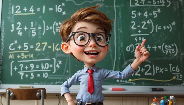 Cartoon math nerd glasses character solving equation on blackboard  