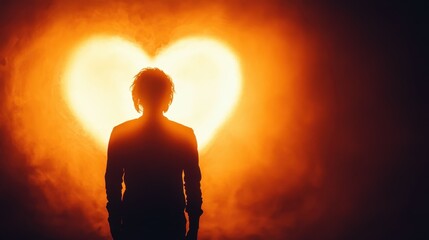 Obraz premium Silhouette of Person Against Heart-Shaped Light, Symbolizing Love and Mystery