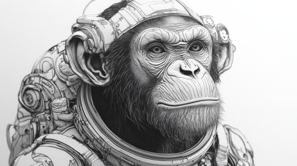 A contemplative chimpanzee, clad in a sleek black-and-white spacesuit, gazes into the distance. Its head tilts left; mouth softly agape, evoking wonder and curiosity