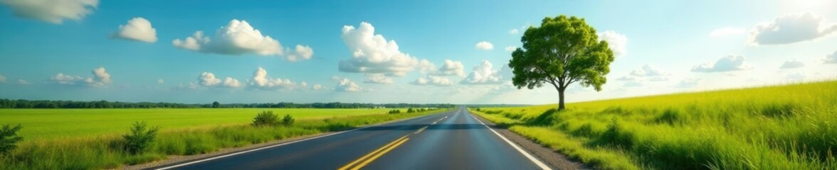 Fototapeta premium Empty asphalt road with a lone tree in the distance, nature, highway, landscape