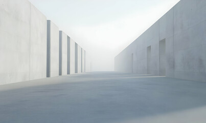 Minimalist Architectural Landscape with Fog and Concrete Walls