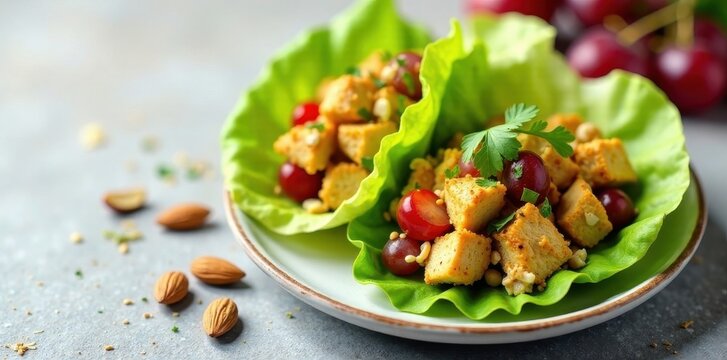 Curried chicken salad lettuce wraps with grapes & almonds , fresh, grapes, homemade