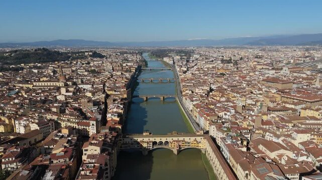 Aerial View of Florence City Center and Pontevecchio Bridge in italy