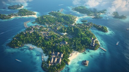 Naklejka premium Tropical island resort aerial view, lush vegetation, pristine beaches, boats in turquoise water
