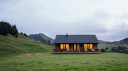 Obraz premium Cozy Cabin Retreat Surrounded by Lush Green Hills at Dusk