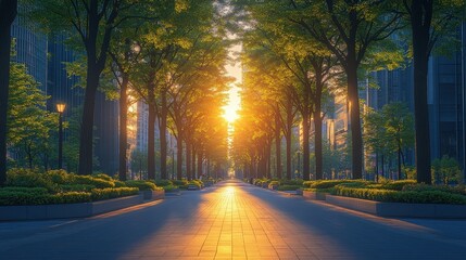 Sunlit Pathway, Urban Oasis, Dawn