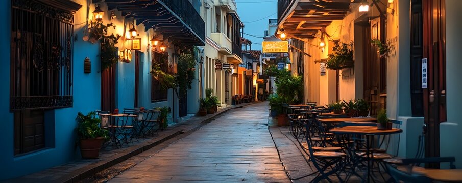Fototapeta A charming street in Casco Viejo lit up at night, filled with cafes and historic architecture