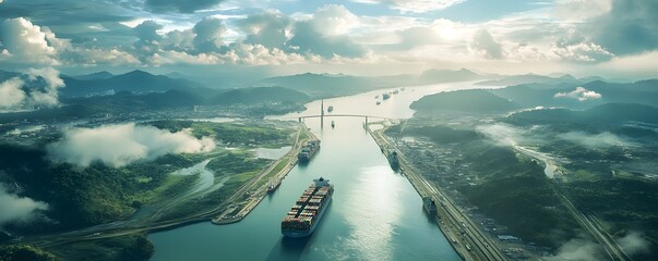 A panoramic view of the Panama Canal Expansion, with giant container ships passing through