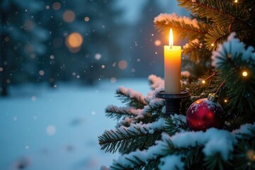 Snow-covered pine tree with sparkling Christmas candle, snow, holiday, winter