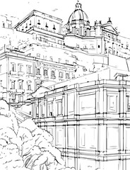 Obraz premium church, architecture, cathedral, building, coloring page, drawing, city, europe, sketch, paris, gothic, travel, vector, illustration, old, florence, italy, art, tower, town, landmark, street, religio