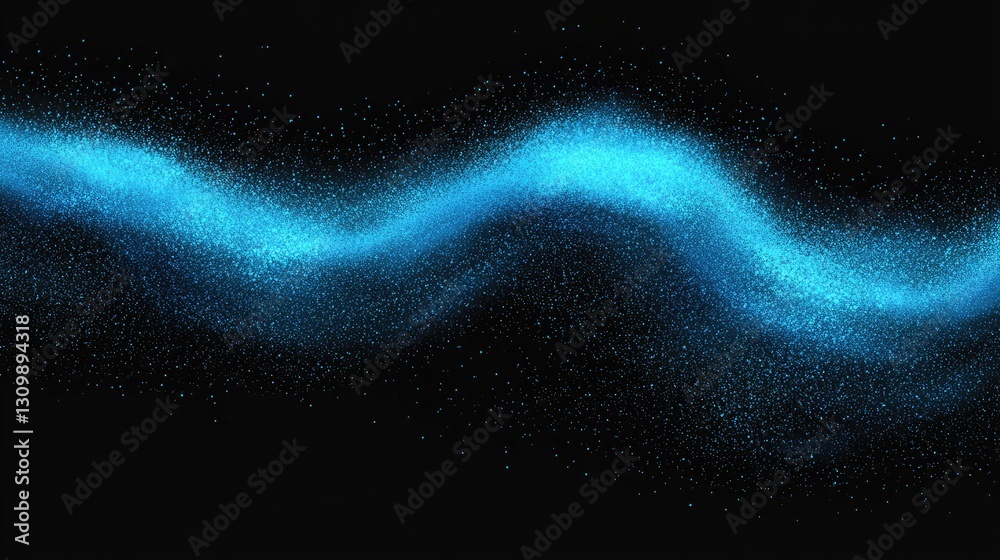 Wall mural wavy teal light stream effect. abstract dark background with illuminated particle movement & energy