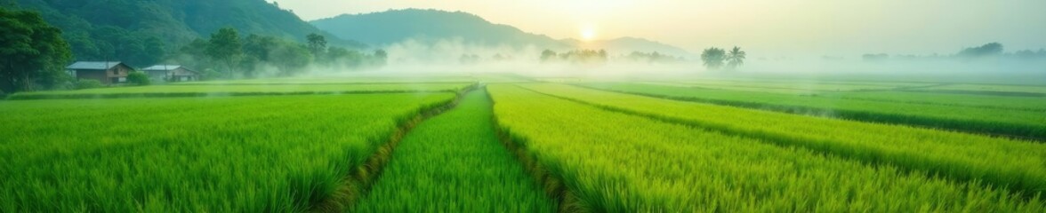 Fototapeta premium High angle shot of rice paddies with mist in the morning, water, landscape, farm