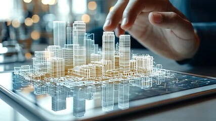 Architect examining futuristic city model on digital tablet showcasing urban planning and architectural design innovation in technology era - Powered by Adobe