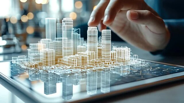 Architect examining futuristic city model on digital tablet showcasing urban planning and architectural design innovation in technology era