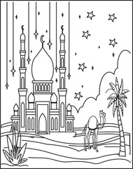 Eid Al Adha Islamic coloring book pages for children and adults with vector design.