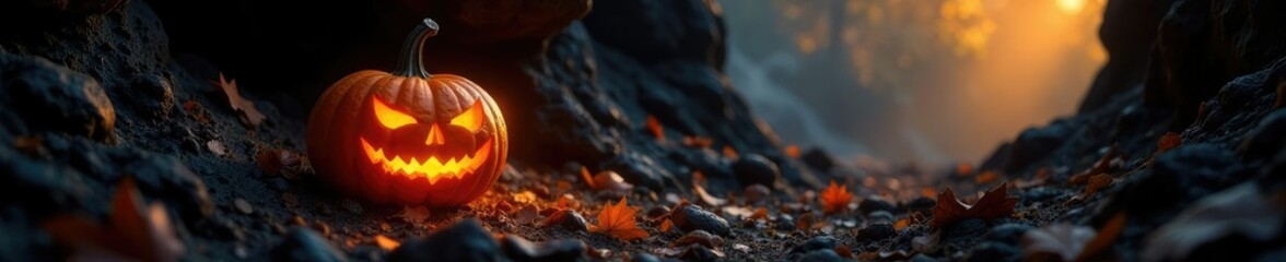 Sparkling light emanates from a pumpkin in the cave darkness, cave, autumn