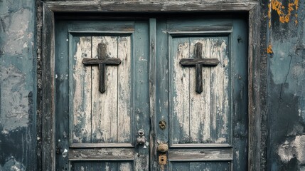 Weathered church doors with crosses