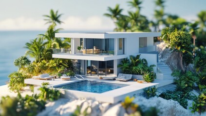 Modern luxury beachfront villa with pool on tropical island.