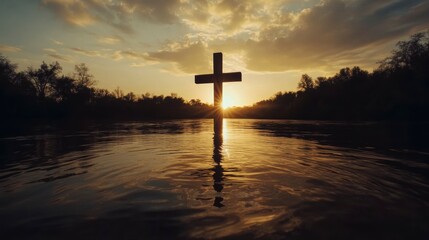 Wooden cross in water at sunset over river. Peaceful religious scene. Possible use Stock photo for faith, spirituality, or nature