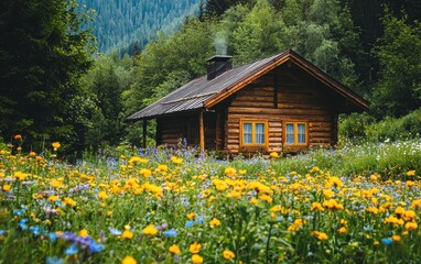 Fototapeta premium Cozy Wooden Cabin Surrounded By Blooming Flowers