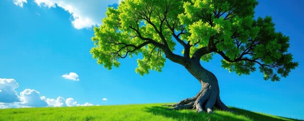 Tree's twisted branches stretch towards clear blue sky, freedom, peaceful