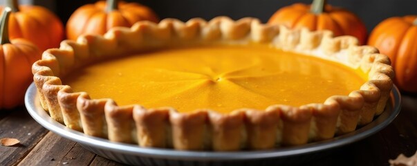 Pumpkin pie with a crumbly flaky crust and golden brown color, seasonal, fall