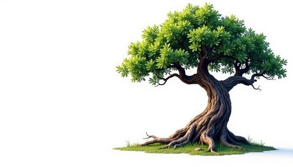 Tree with gnarled bark and twisted limbs on white background, tree trunk, tree