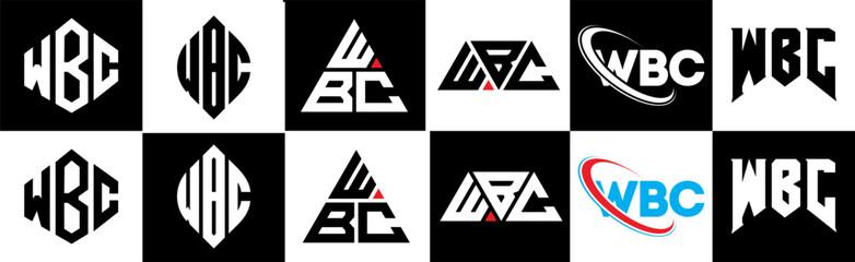 WBC letter logo design in six style. WBC polygon, circle, triangle, hexagon, flat and simple style with black and white color variation letter logo set in one artboard. WBC minimalist and classic logo