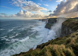 Dramatic Coastal View with Waves and Cliffs