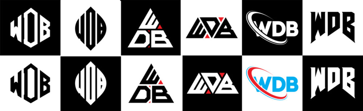 WDB letter logo design in six style. WDB polygon, circle, triangle, hexagon, flat and simple style with black and white color variation letter logo set in one artboard. WDB minimalist and classic logo
