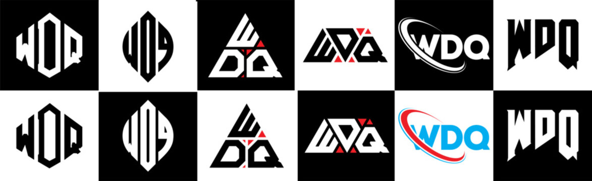 WDQ letter logo design in six style. WDQ polygon, circle, triangle, hexagon, flat and simple style with black and white color variation letter logo set in one artboard. WDQ minimalist and classic logo